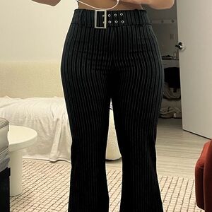 Black Ribbed Crop Top and Striped Pants